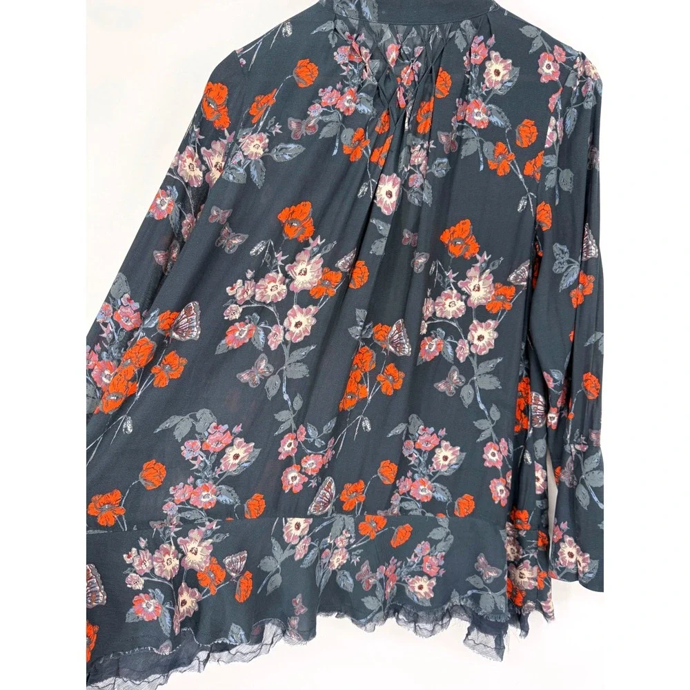 Free People Sheer Floral Butterfly Smocked Raw Lace Hem Tunic Top Blue XS Boho